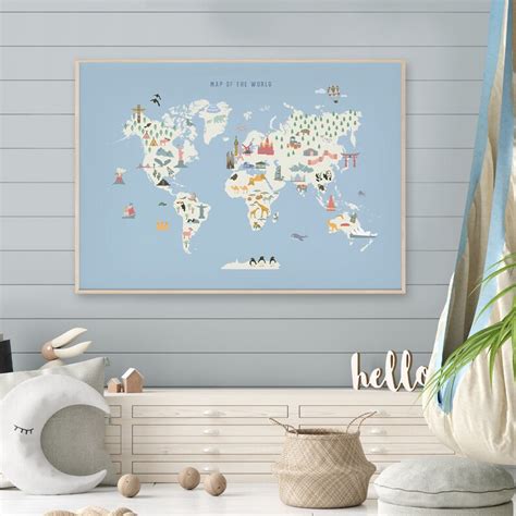 World Map Kids Room PRINTABLE, Kids Map of the World, Blue Illustrated Animal World Map - Etsy