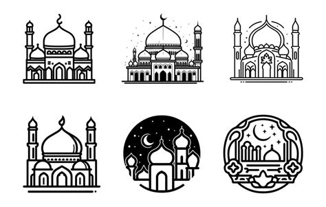 Mosque vector set outline drawing, Islamic icon collection, Mosque ...