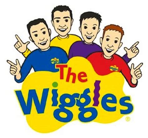 the wiggles logo with five men standing in front of it and one pointing up