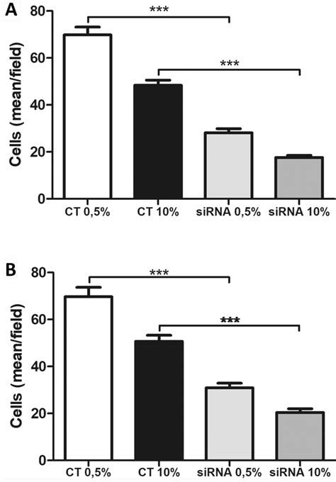 Cell migration assay (A) and cell invasion assay (B). Bar graphs show ...