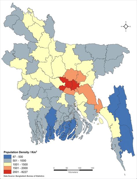 Spatial distribution of population density per square kilometer at ...