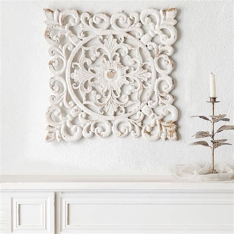 22" Square Medallion Wall Art Decor Farmhouse Carved Wood Distressed White Flower