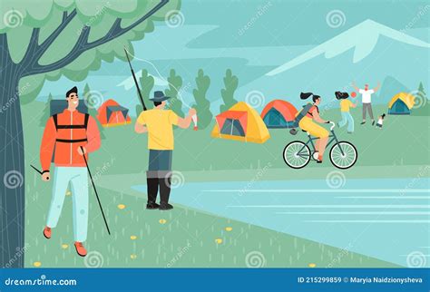 Outdoor Activities. People Engaged in Hiking, Fishing and Cycling in ...