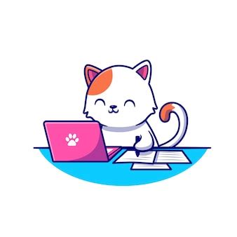 Free Vector | Cute cat working on laptop cartoon icon illustration.