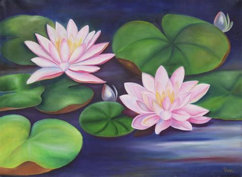 Signed Realist Painting of Lotus Flowers from India - Lotus Splendor ...