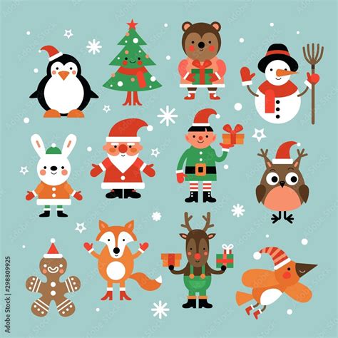 Christmas characters. Santa claus, fir-tree and penguin, snowman and elf, hare and owl, deer and ...