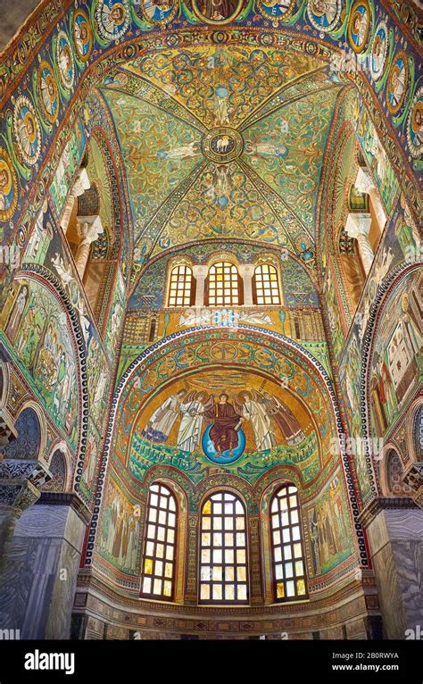 Byzantine Roman mosaics of the Apse of the Basilica of San Vitale in Ravenna, Italy. Mosaic ...