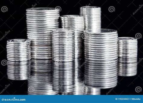 Silver coin stack on black stock image. Image of money - 19524443