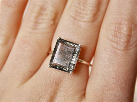 12x10 Emerald Cut Tourmalinated Quartz Solitaire Ring