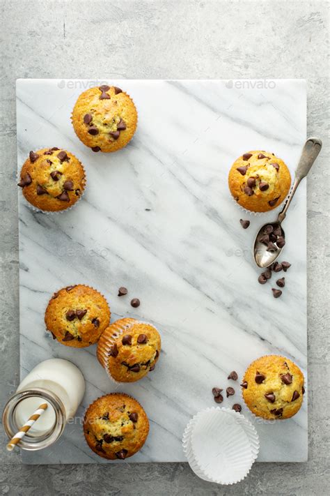 Chocolate chip muffins with milk Stock Photo by fahrwasser | PhotoDune