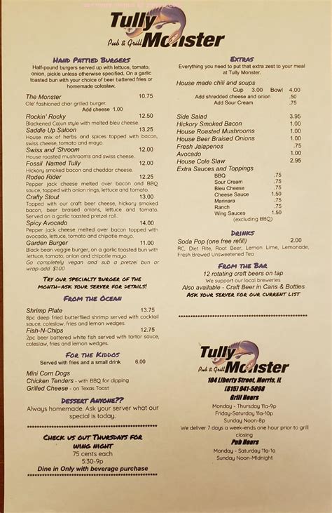 Menu at Tully Monster Pub & Grill, Morris