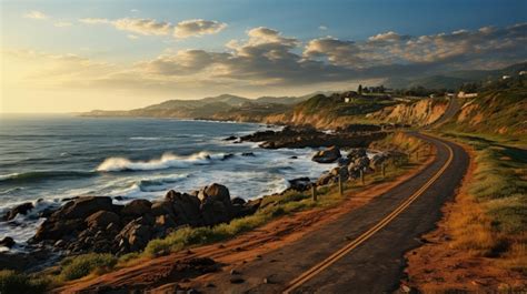 Premium AI Image | highway landscape at sunset Beautiful seaside road view