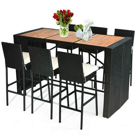 COSTWAY 7 PCS Patio Rattan Wicker Bar Dining Furniture Set wood Table ...