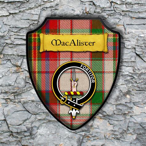 MacAlister Shield Plaque with Scottish Clan Coat of Arms Badge on Clan Plaid Tartan Background ...