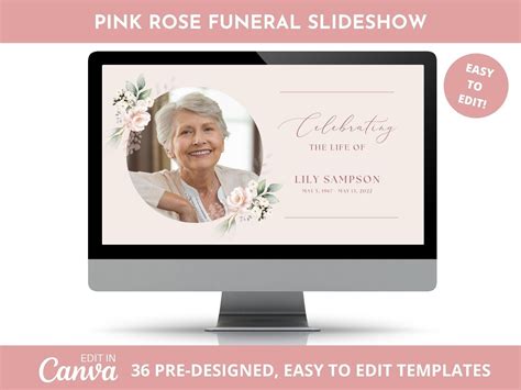 Pink Rose Funeral Photo Slideshow Template, Memorial Video for Woman, Pink Floral Celebration of ...