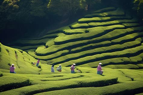 People Walk Through A Plantation Of Green Tea Bushes Background, High Resolution, Green Tea ...