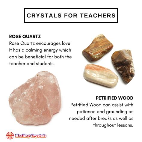 crystals for teachers rose quartz, calamite, and petrified wood