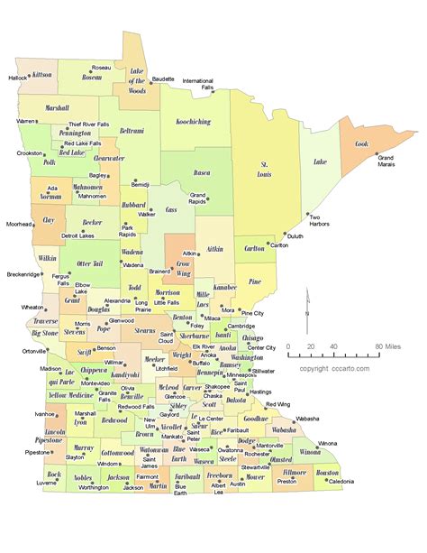 State of Minnesota County Map with the County Seats - CCCarto