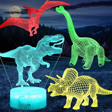 Comforhous 3D Dinosaur Night Light for Boys Room, 4-Patterns and Timing ...