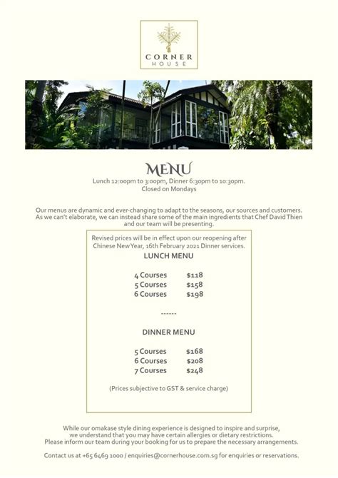 CORNER HOUSE SINGAPORE MENU PRICES Updated Apr 2024