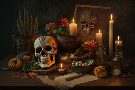 Premium AI Image | Day of the dead altar with offerings and candles to guide the soul of the dead