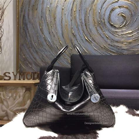 Hermes Lindy 30 Bag Black Crocodile Leather Handstitched