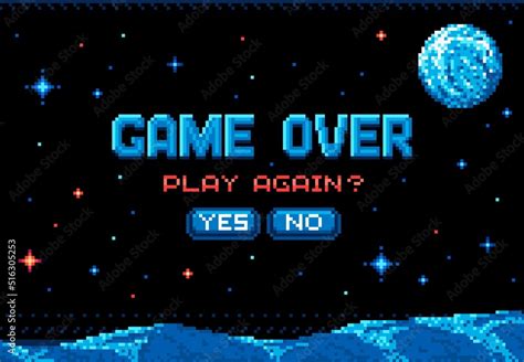 Pixel game over screen, space planet surface in starry galaxy, vector ...