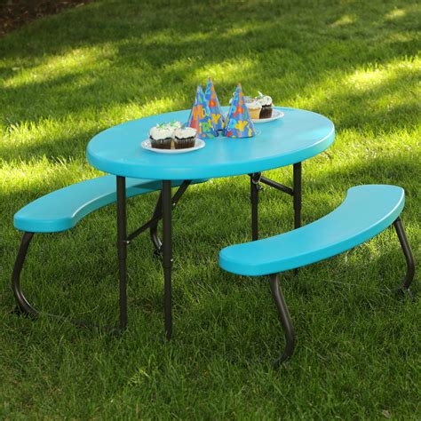 Lifetime 60229 24 13/16" x 34" Oval Glacier Blue Plastic Kids Folding Picnic Table with Attached ...