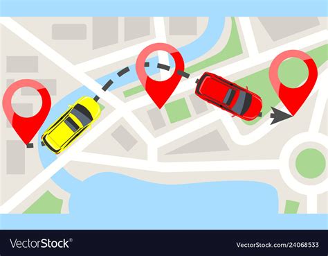 Cars with top view on city map and red pins car Vector Image