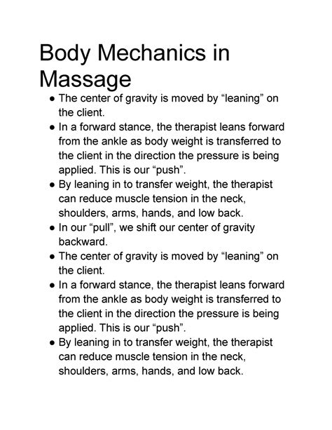 Body Mechanics in Massage - Body Mechanics in Massage The center of ...