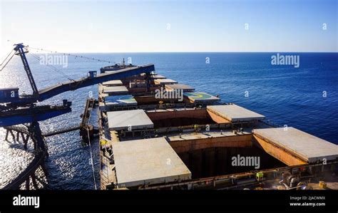 Bulk carrier ship loading operation. All cargo holds open for loading ...