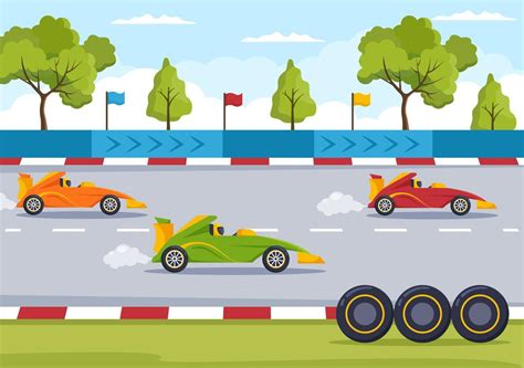 Formula Racing Sport Car Reach on Race Circuit the Finish Line Cartoon Illustration to Win the ...