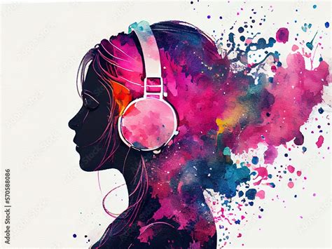 Ilustrace „Watercolor painting, side view of woman listening to music in headphones, colorful ...