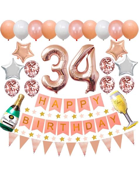 Happy 34th Birthday Party Decorations Rose Gold Latex and Confetti Balloons Happy Birthday ...