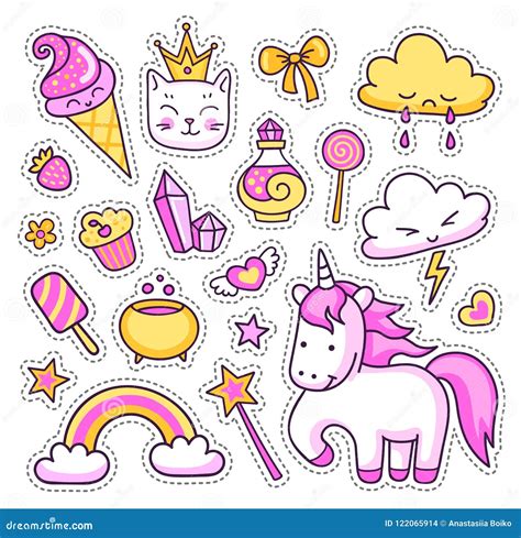 Set of Cute Cartoon Stickers, Patches, Badges, Pins. Doodle, Hand Drawn Style. Vector ...