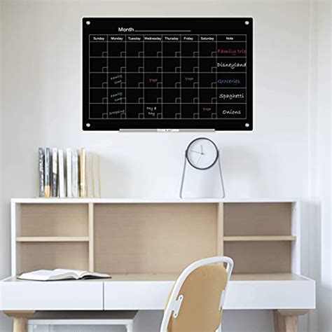 J&J worldwide Magnetic Whiteboard Calendar, 3' x 2' Blsck Glass Wall Calendar Dry Erase Board ...