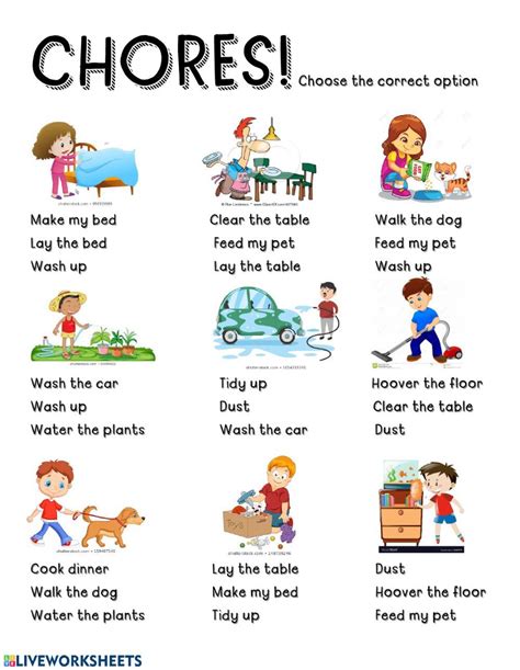 Household chores Interactive worksheet | English conversation for kids, Learning english for ...