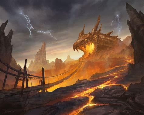 an artistic painting of a dragon in the middle of a mountain with lightning coming from behind it