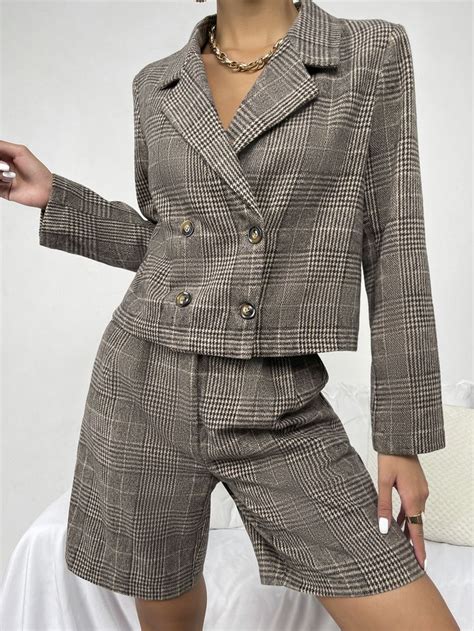 Glen Plaid Double Breasted Crop Blazer & Shorts | Blazer and shorts ...