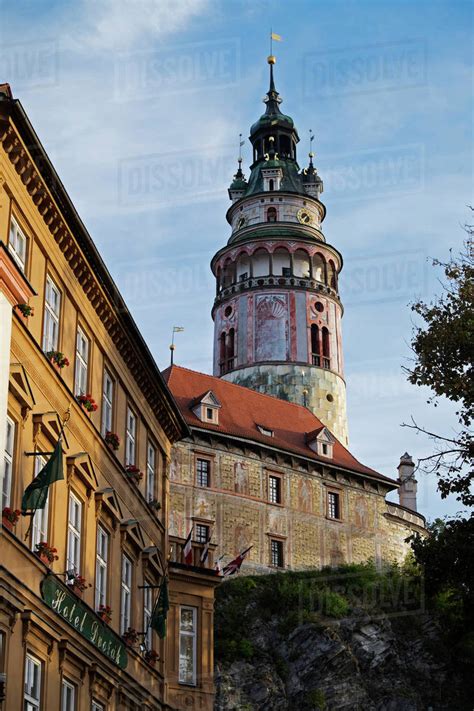 Close-up of tower of the Cesky Krumlov Castle, Cesky Krumlov, Czech ...