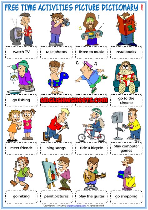 Free Time Activities ESL Picture Dictionary Worksheets