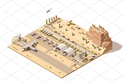 Vector isometric low poly infographic element representing map of military airport or airbase ...