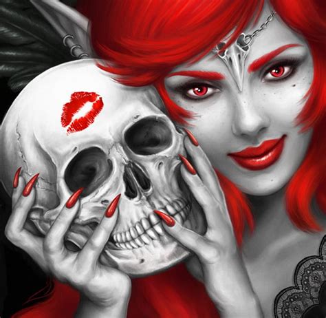 Kiss of Death, red, hair, girl, bonito, imprint, lips, skull, kiss, HD wallpaper | Peakpx