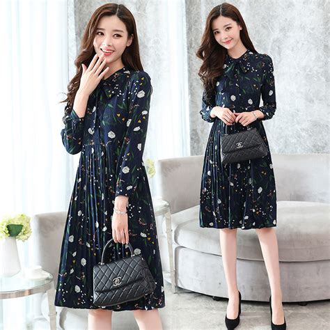 Korean Style Floral Print Long-sleeved Chiffon Midi Dress