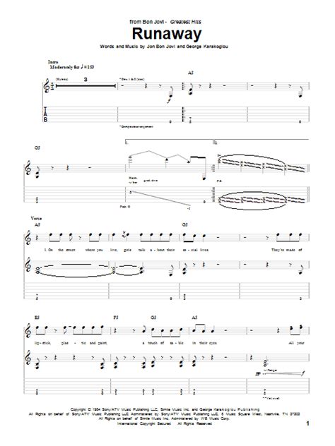 Runaway by Bon Jovi Sheet Music for Guitar Tab at Sheet Music Direct