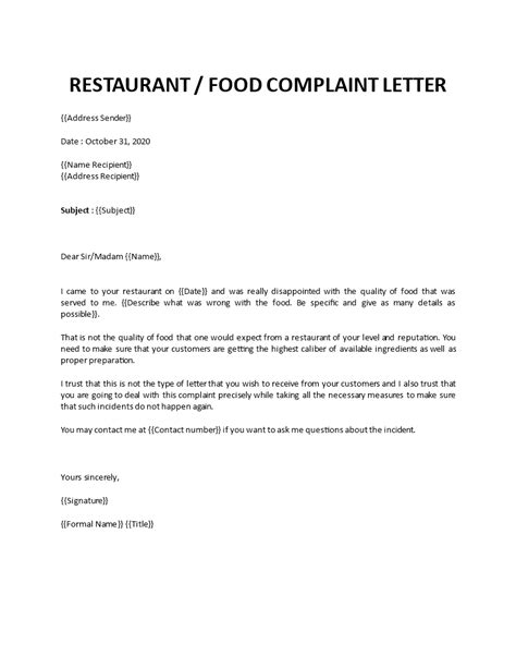 Restaurant Complaint Letter in Formal Letter Of Complaint To Employer ...