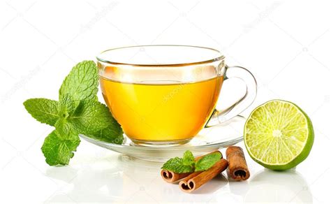 Cup of tea with mint,cinnamon and lime isolated on white Stock Photo by ...