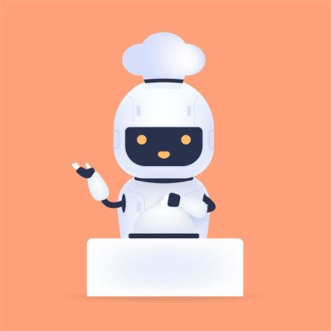 White friendly chef robot with food on table. Cooking Robot Artificial Intelligence concept ...