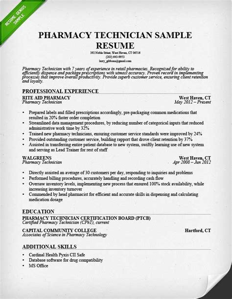 Sample of Pharmacy Technician Resume | Sample Resumes