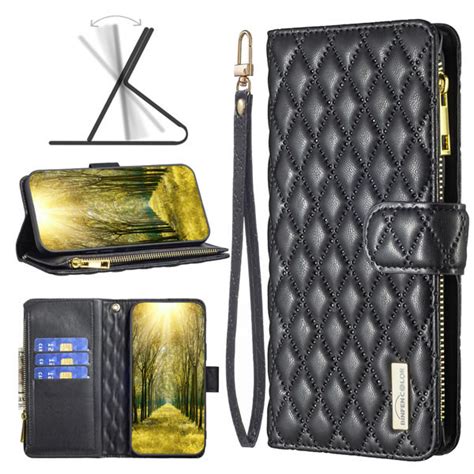 Samsung Galaxy S24 Luxury Quilted Leather Zipper Wallet Case with 9 Card Slots Black